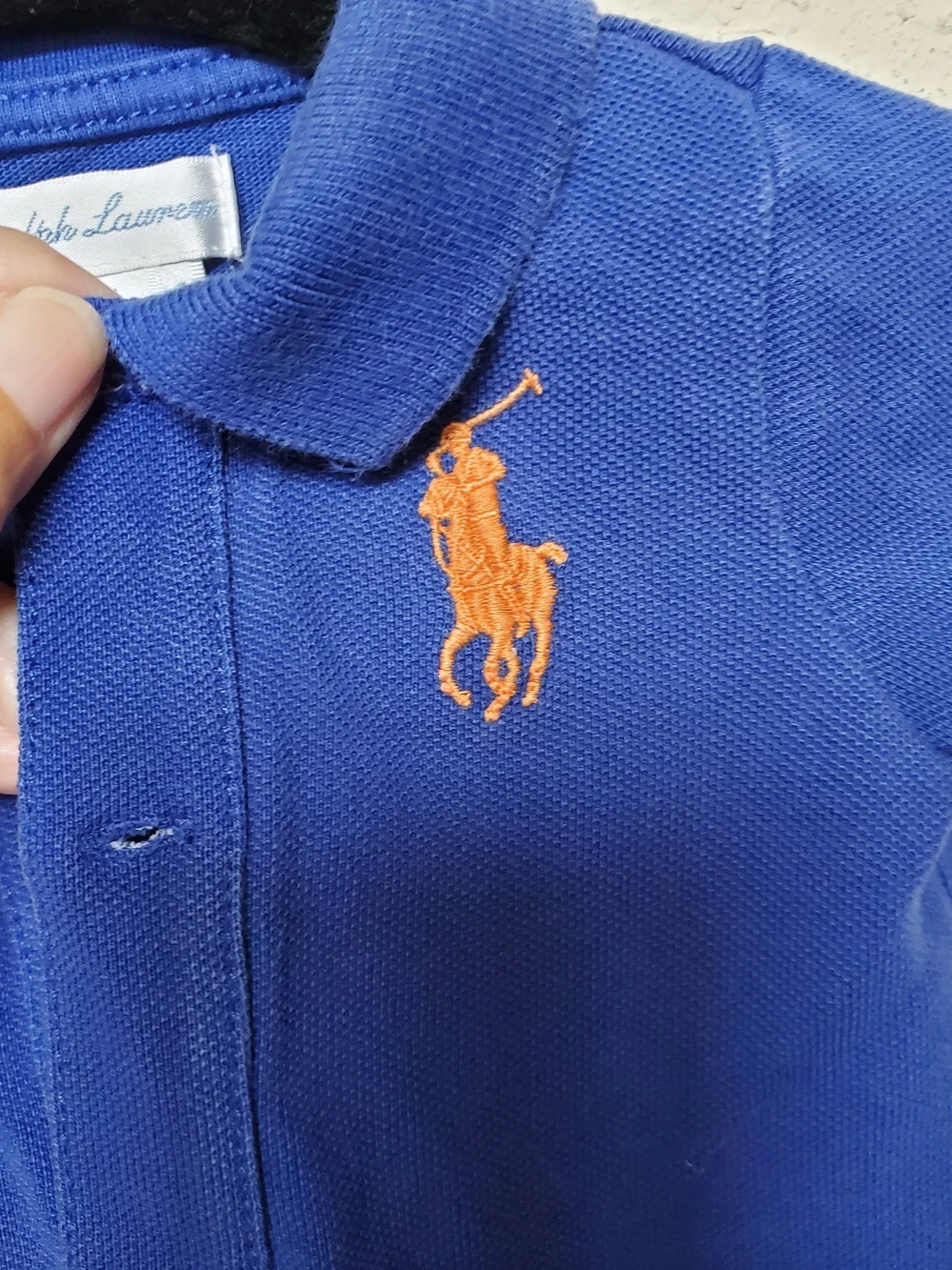 Ralph Lauren Royal Blue Polo Romper with Orange Pony. Size 3mths